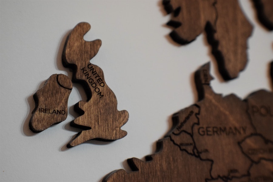 Wooden map showing UK and part of Europe