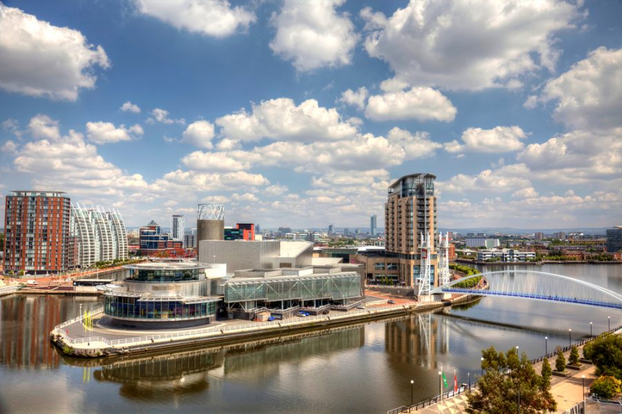 Panoramic view of Manchester from Salford Quays HDR image
