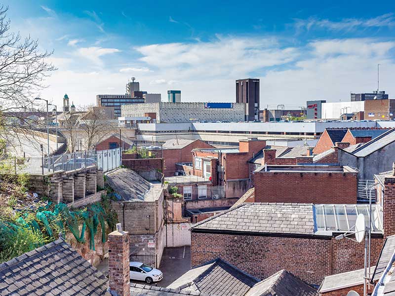 An aerial view of Stockport town centre.